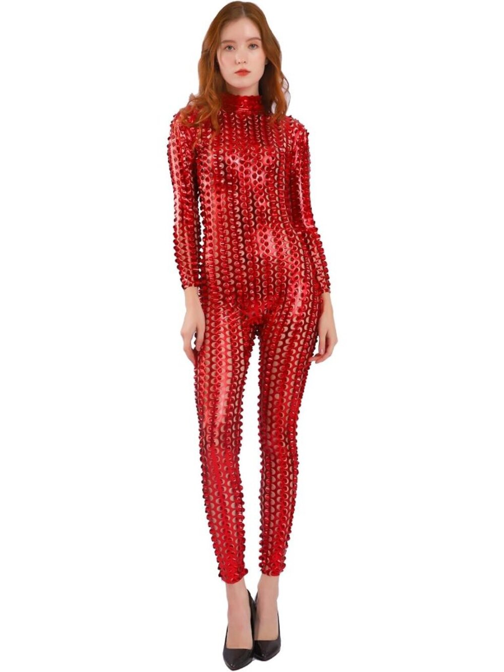 Unisex Red Hollow-Carved Mesh Shiny Dancewear Catsuit Classic Bodycon Jumpsuit